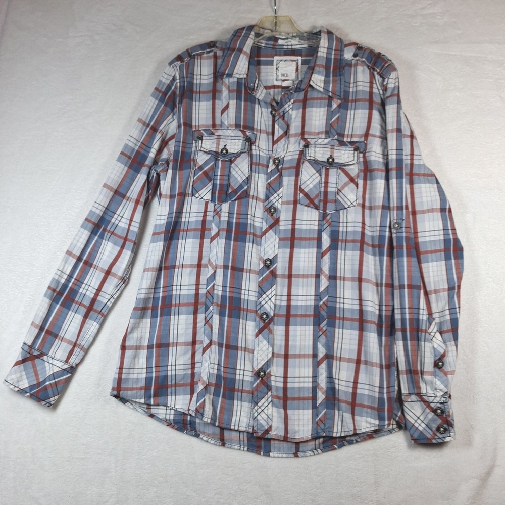 BKE Mens Slim Fit Plaid Button Down Shirt Blue Red White Large Long Sleeve